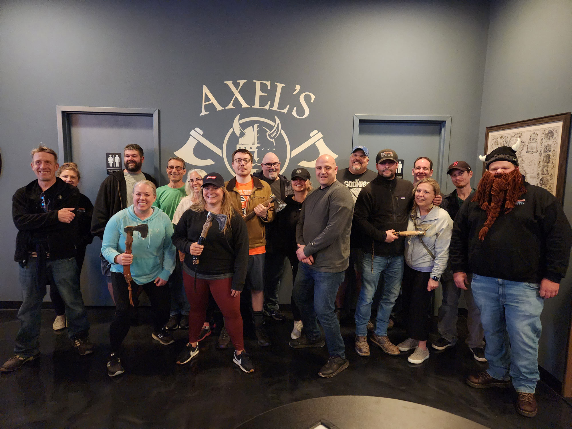 Wednesday Wielders Axel's Throw House axe throwing group photo