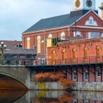 outdoor scenery of brick buildings, a bridge and river in the city of Nashua, NH